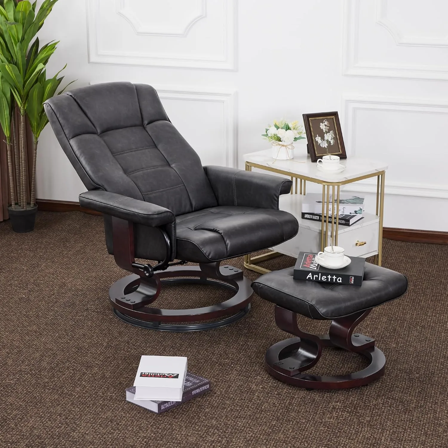 MCombo Manual Swivel Recliner with Ottoman, Chair Ottoman Set for RV Small Spaces, Living Room, Bedroom, Office 9019 4919 (Faux Leather, Dark Grey)