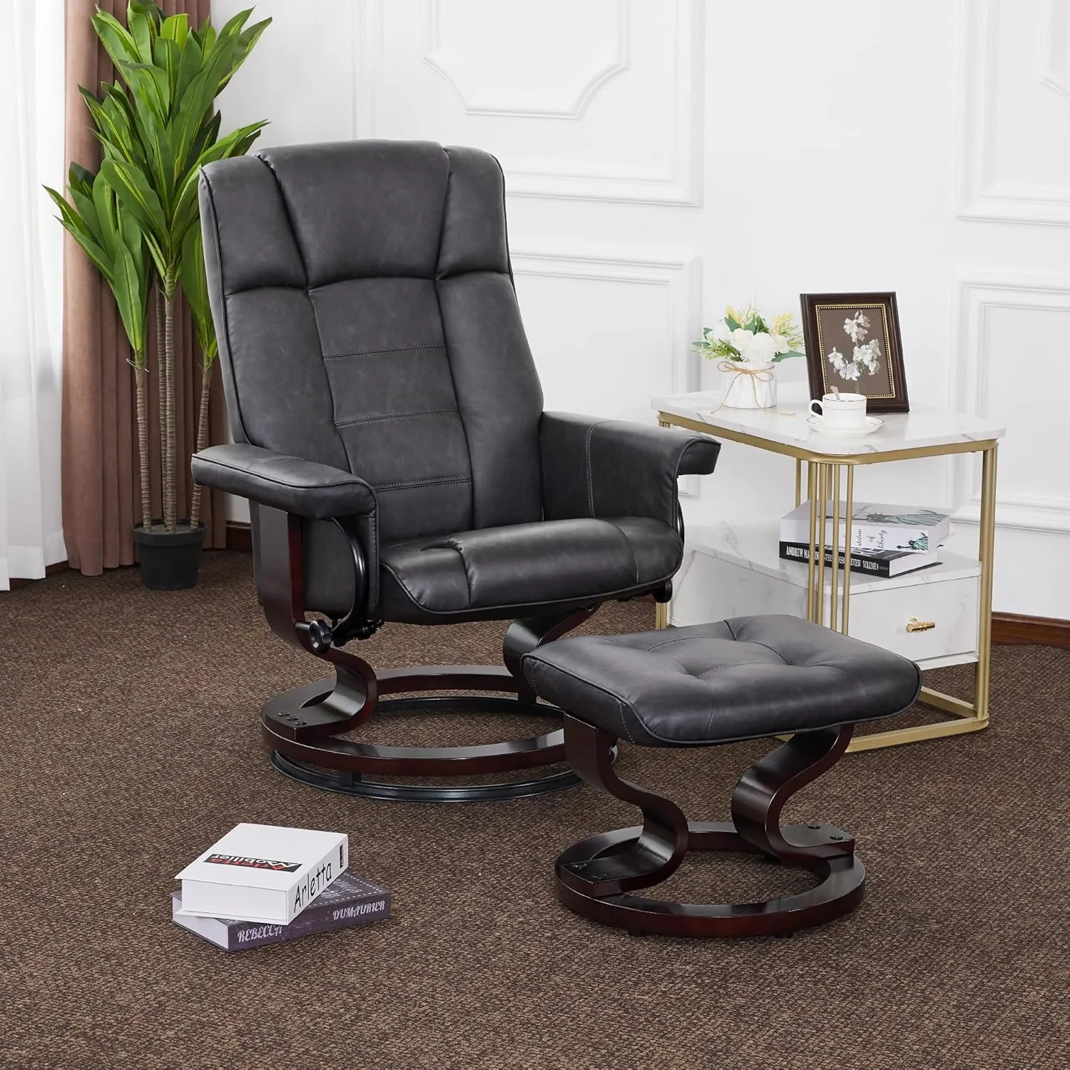 MCombo Manual Swivel Recliner with Ottoman, Chair Ottoman Set for RV Small Spaces, Living Room, Bedroom, Office 9019 4919 (Faux Leather, Dark Grey)