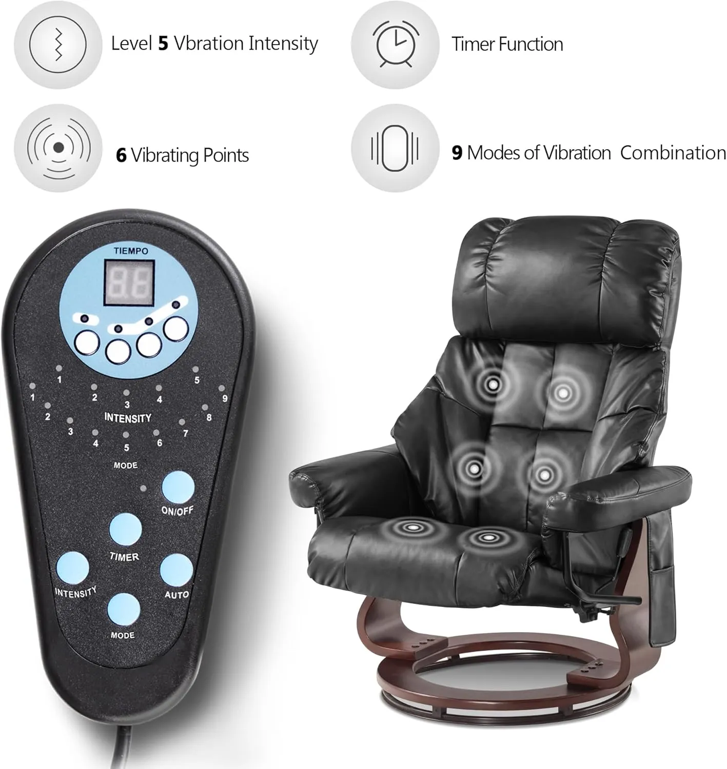 MCombo Manual Swivel Recliner with Ottoman, Reclining Chair with Vibration Massage for Small Spaces, Living Room, Office, Faux Leather 9068 (Black)