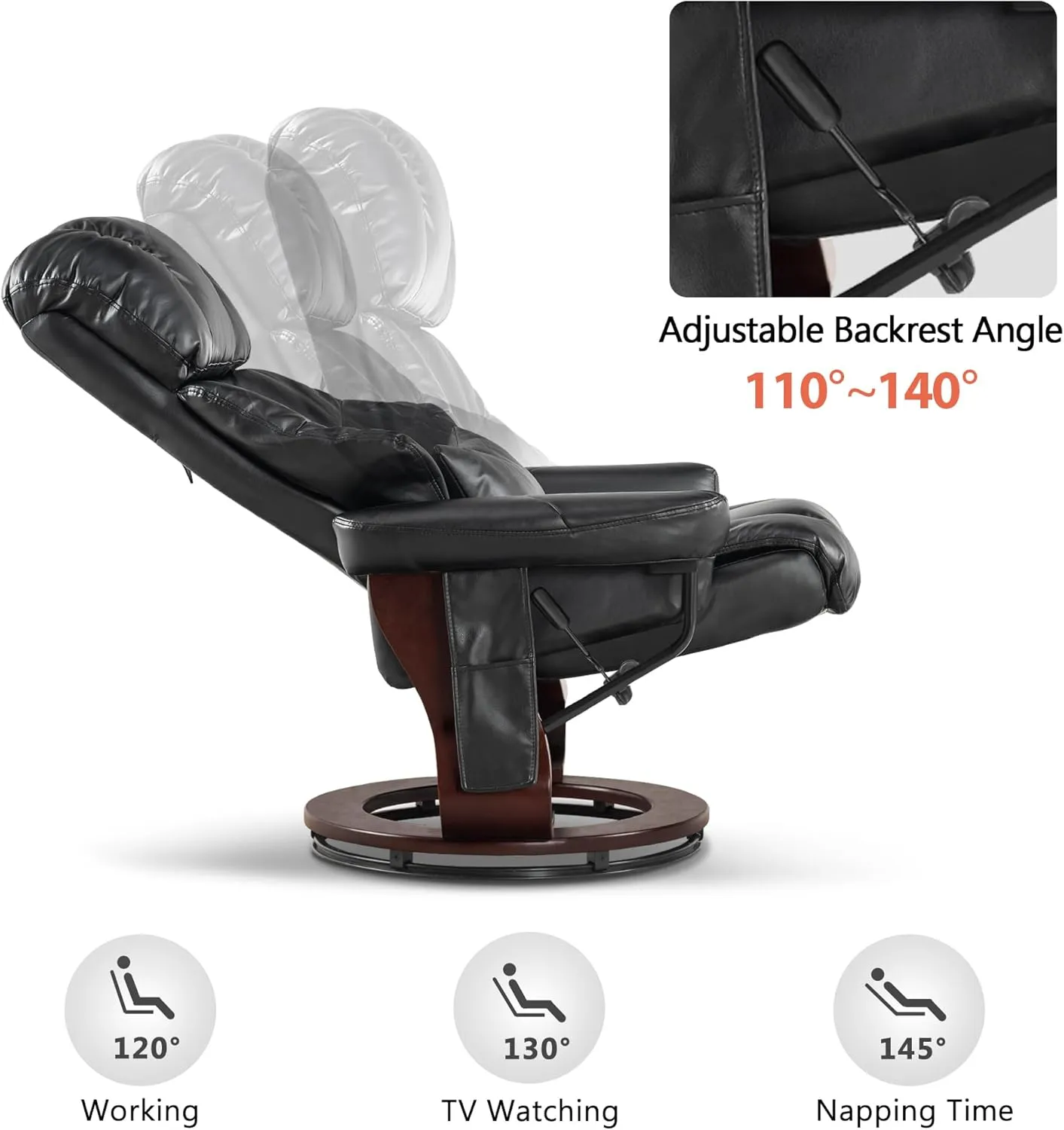 MCombo Manual Swivel Recliner with Ottoman, Reclining Chair with Vibration Massage for Small Spaces, Living Room, Office, Faux Leather 9068 (Black)