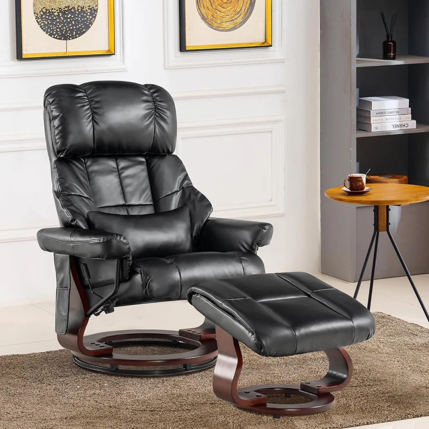 MCombo Manual Swivel Recliner with Ottoman, Reclining Chair with Vibration Massage for Small Spaces, Living Room, Office, Faux Leather 9068 (Black)