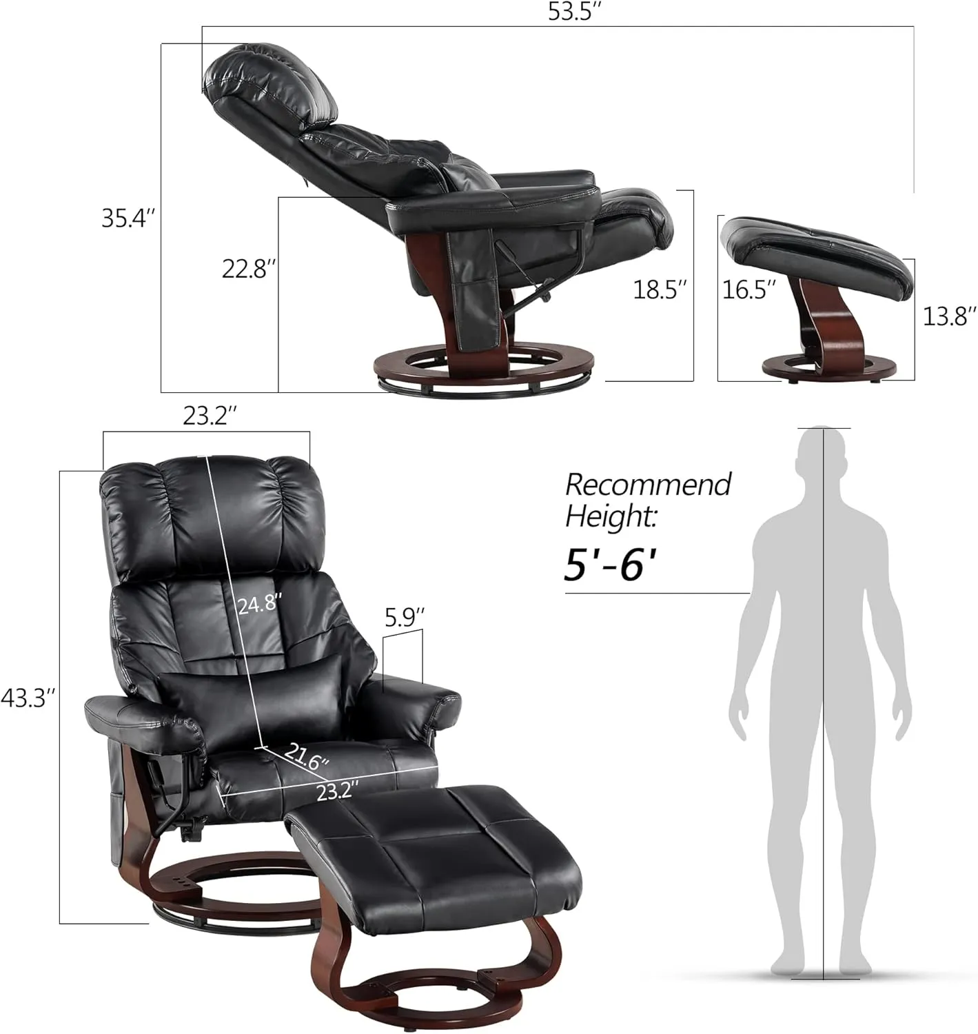 MCombo Manual Swivel Recliner with Ottoman, Reclining Chair with Vibration Massage for Small Spaces, Living Room, Office, Faux Leather 9068 (Black)
