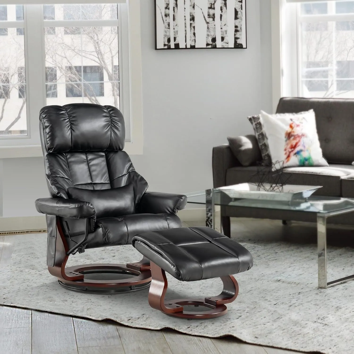MCombo Manual Swivel Recliner with Ottoman, Reclining Chair with Vibration Massage for Small Spaces, Living Room, Office, Faux Leather 9068 (Black)