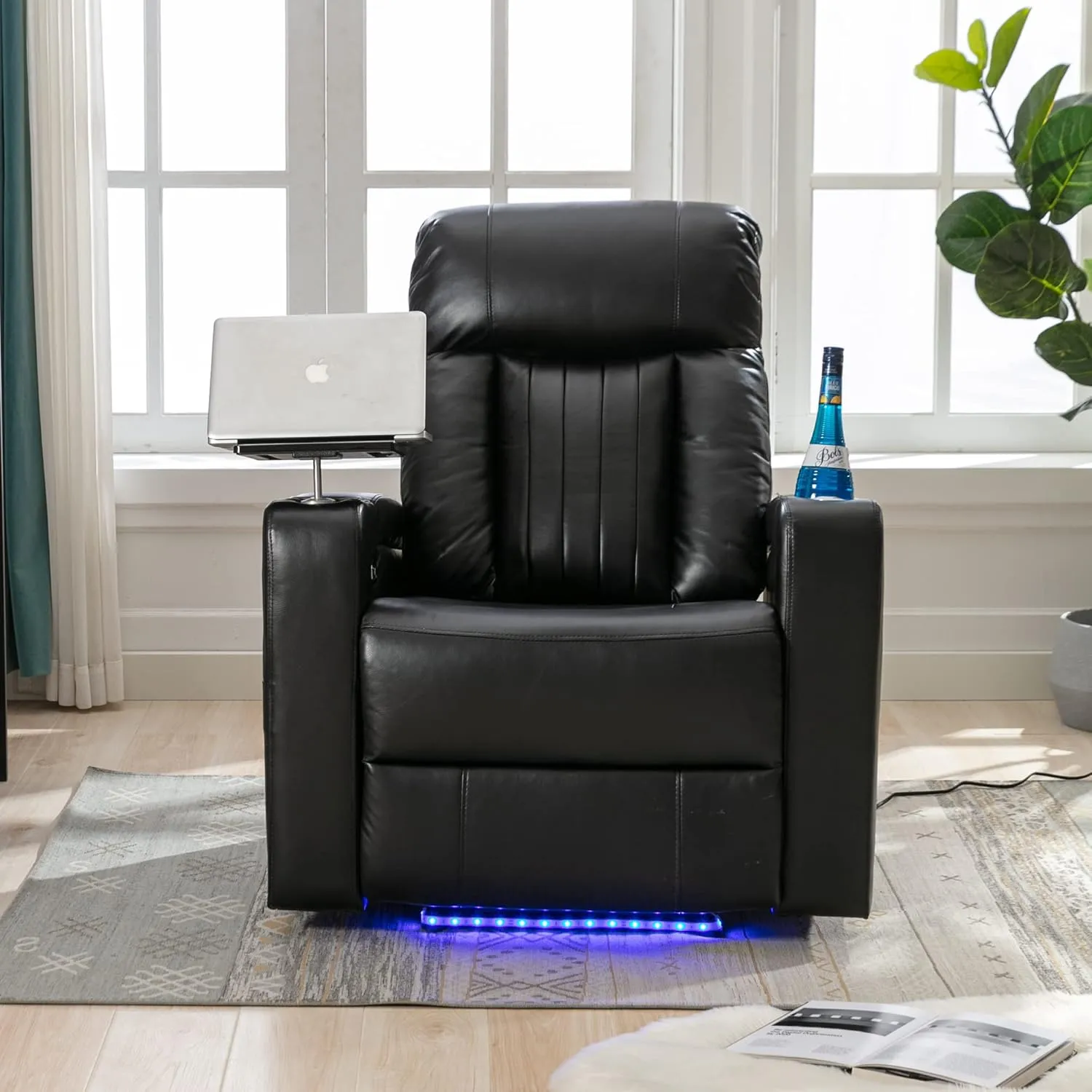 Merax Electric Recliner Chair with USB Charge Port, Hidden Arm Storage, Home Theater Seating with 2 Convenient Cup Holders Design, 360° Swivel Tray Table, Cell Phone Stand (Brown2) (Black2)