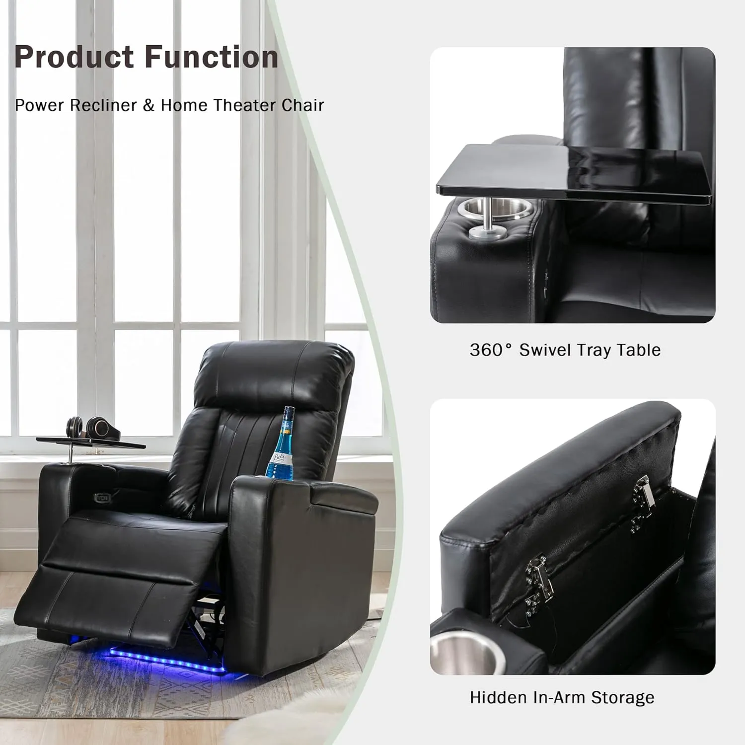 Merax Electric Recliner Chair with USB Charge Port, Hidden Arm Storage, Home Theater Seating with 2 Convenient Cup Holders Design, 360° Swivel Tray Table, Cell Phone Stand (Brown2) (Black2)