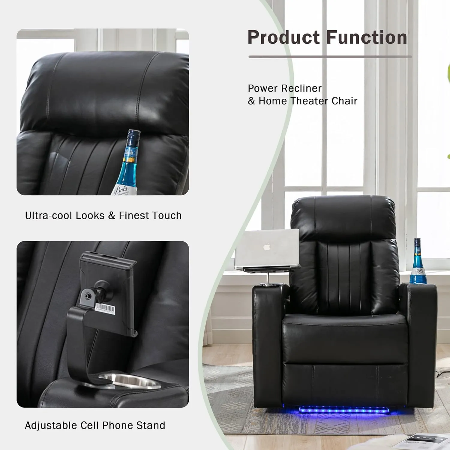 Merax Electric Recliner Chair with USB Charge Port, Hidden Arm Storage, Home Theater Seating with 2 Convenient Cup Holders Design, 360° Swivel Tray Table, Cell Phone Stand (Brown2) (Black2)
