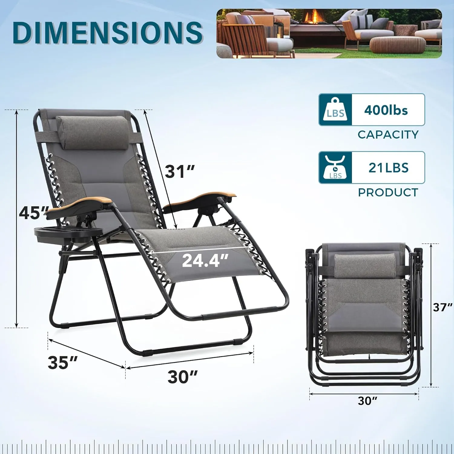 MFSTUDIO Zero Gravity Chairs, Oversized Patio Recliner Chair, Padded Folding Lawn Chair with Cup Holder Tray, Support 400lbs, Light Grey