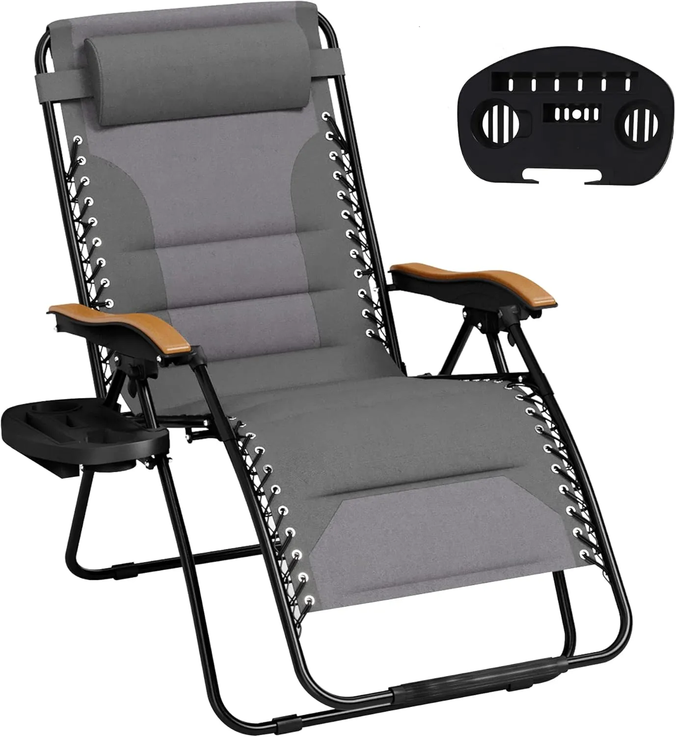 MFSTUDIO Zero Gravity Chairs, Oversized Patio Recliner Chair, Padded Folding Lawn Chair with Cup Holder Tray, Support 400lbs, Light Grey
