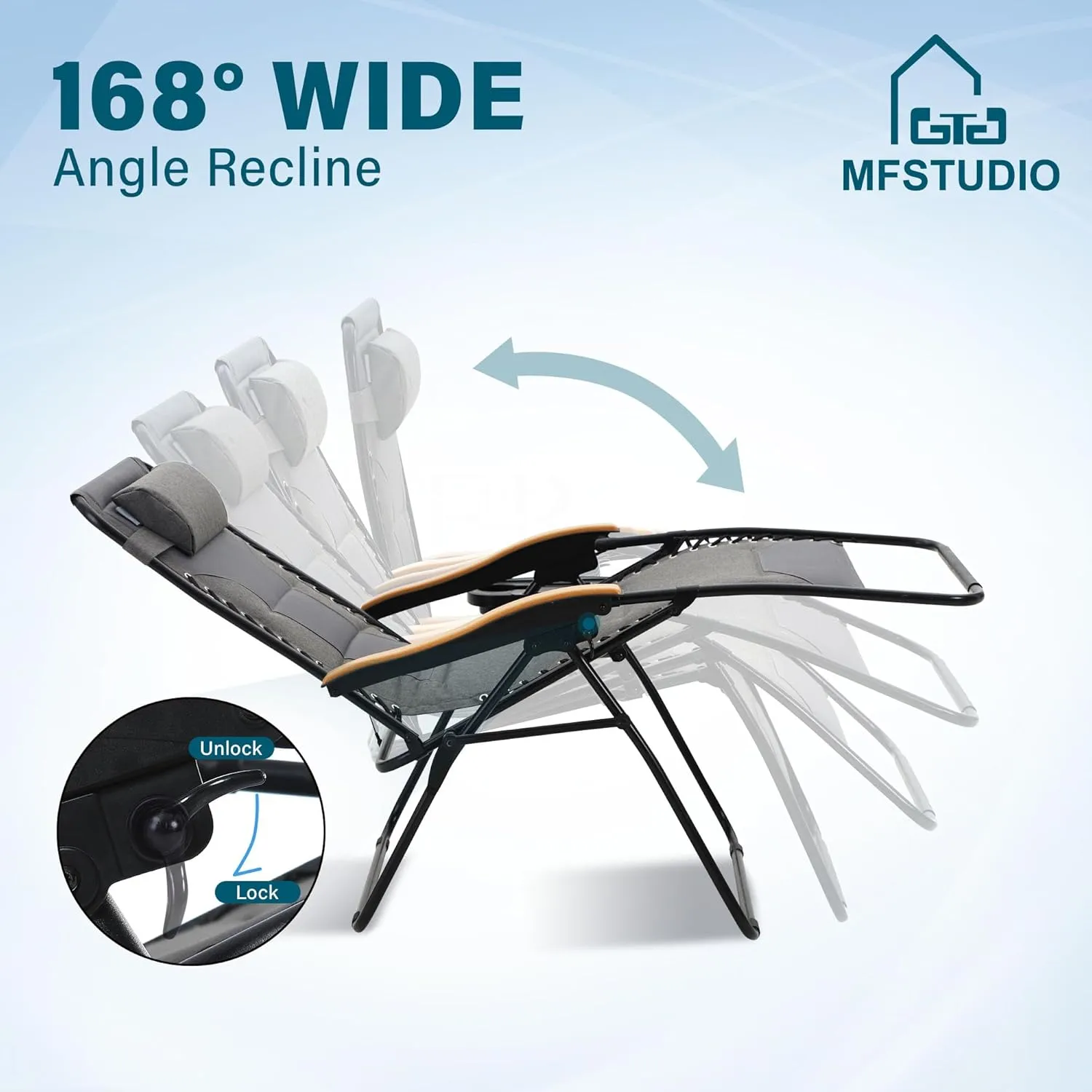 MFSTUDIO Zero Gravity Chairs, Oversized Patio Recliner Chair, Padded Folding Lawn Chair with Cup Holder Tray, Support 400lbs, Light Grey