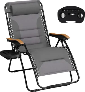 MFSTUDIO Zero Gravity Chairs, Oversized Patio Recliner Chair, Padded Folding Lawn Chair with Cup Holder Tray, Support 400lbs, Light Grey