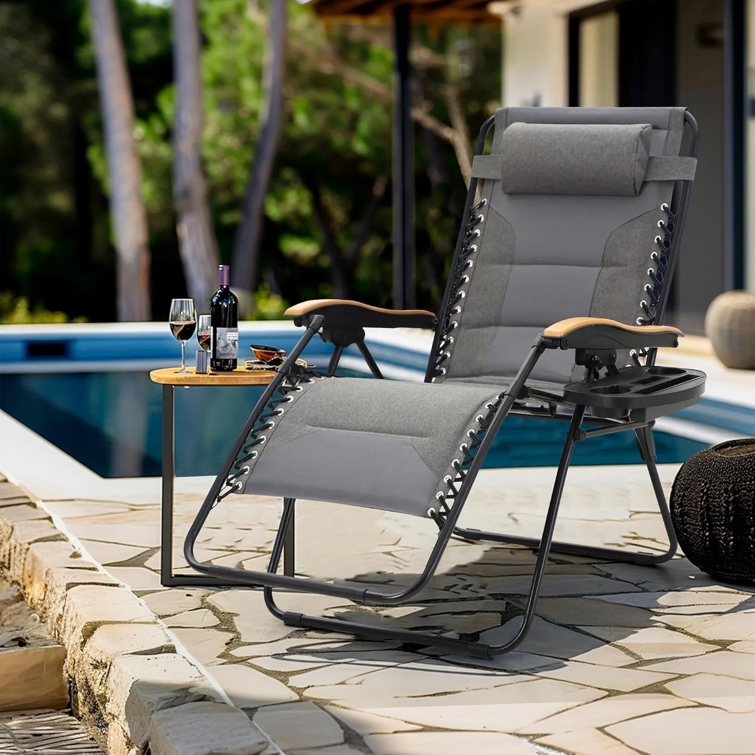MFSTUDIO Zero Gravity Chairs, Oversized Patio Recliner Chair, Padded Folding Lawn Chair with Cup Holder Tray, Support 400lbs, Light Grey