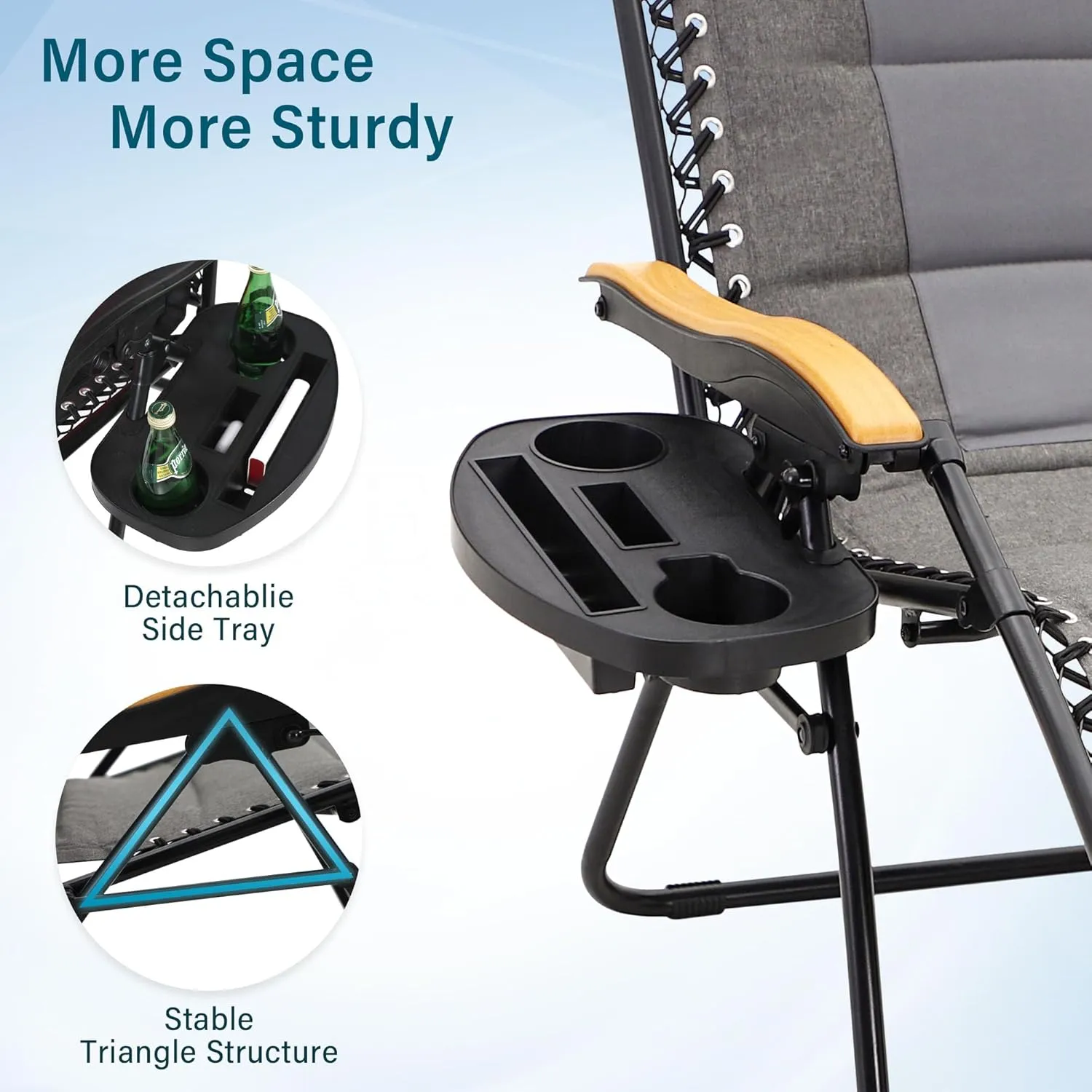 MFSTUDIO Zero Gravity Chairs, Oversized Patio Recliner Chair, Padded Folding Lawn Chair with Cup Holder Tray, Support 400lbs, Light Grey