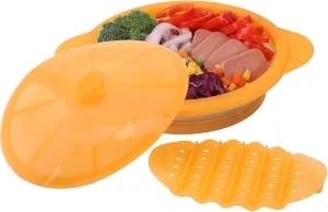 Microwave Steamer Cooker Collapsible Bowl-Silicone Steamer Cookware with Handle Lid for Vegetables Fish Prep Meal Food with Removable Rack BPA Free, Easy to Store, Freezer & Dishwasher Safe, Orange