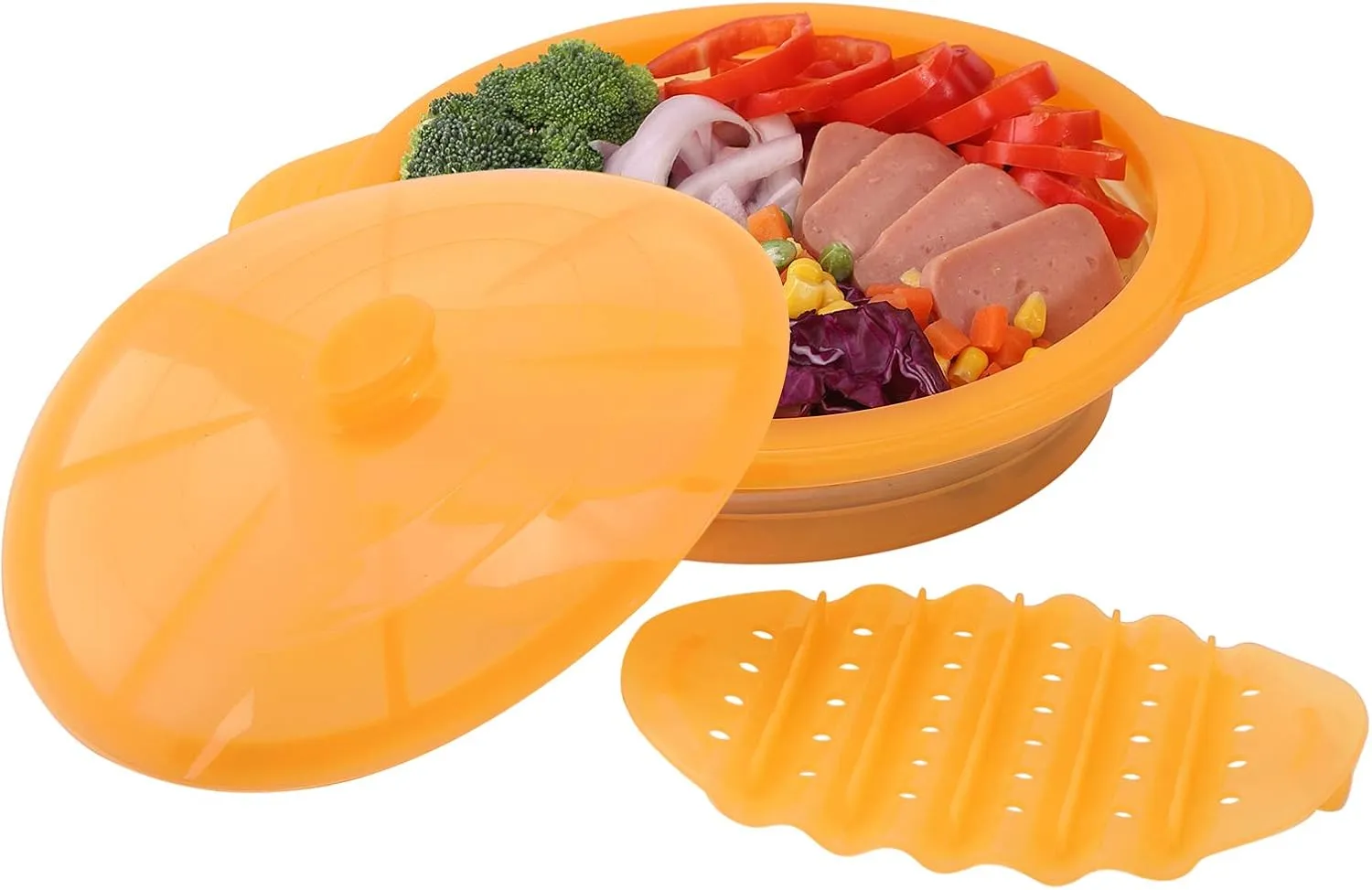 Microwave Steamer Cooker Collapsible Bowl-Silicone Steamer Cookware with Handle Lid for Vegetables Fish Prep Meal Food with Removable Rack BPA Free, Easy to Store, Freezer & Dishwasher Safe, Orange