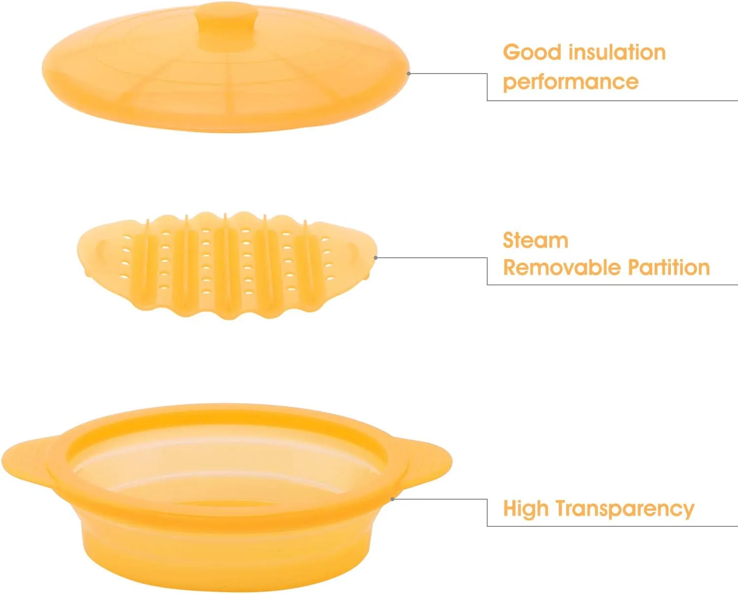 Microwave Steamer Cooker Collapsible Bowl-Silicone Steamer Cookware with Handle Lid for Vegetables Fish Prep Meal Food with Removable Rack BPA Free, Easy to Store, Freezer & Dishwasher Safe, Orange