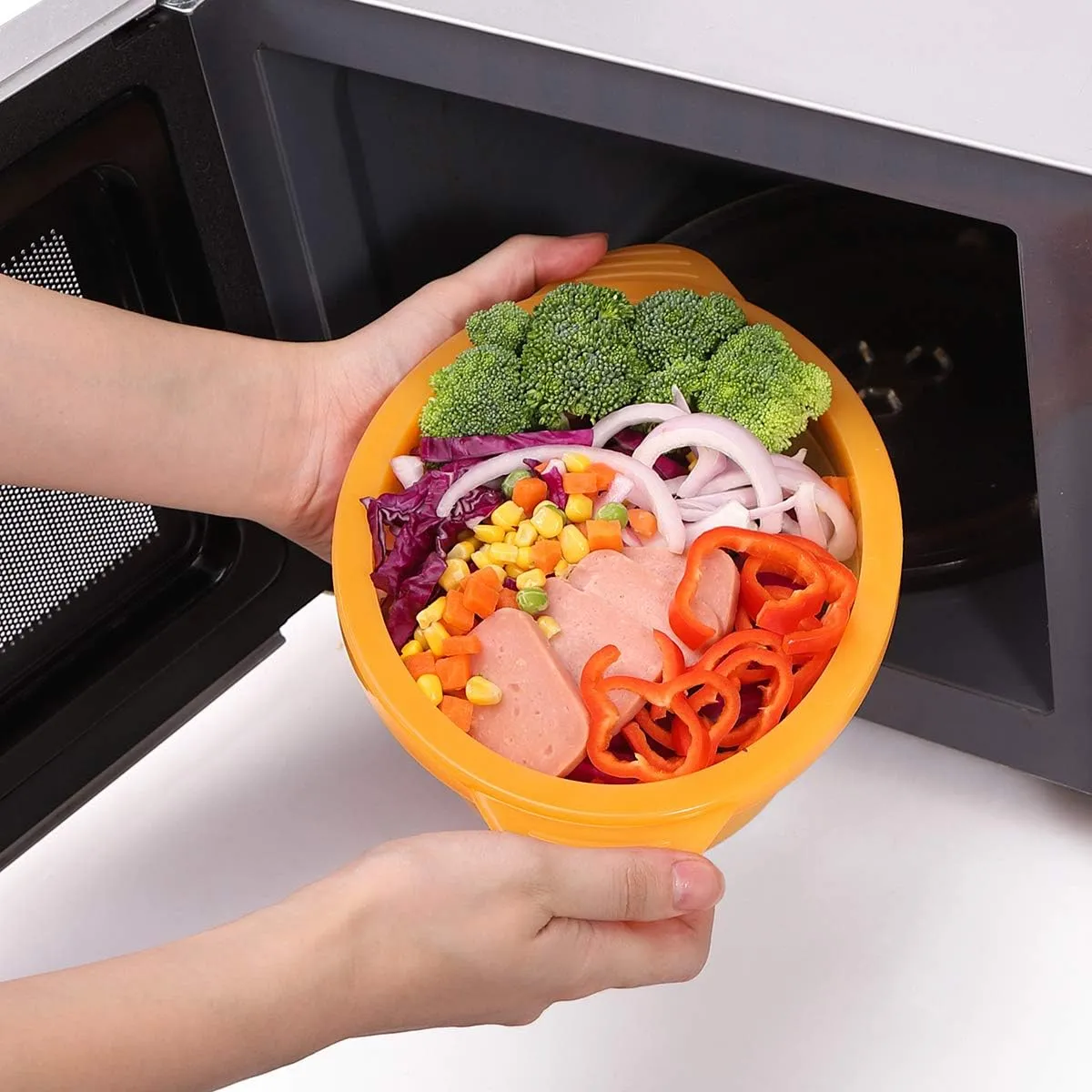 Microwave Steamer Cooker Collapsible Bowl-Silicone Steamer Cookware with Handle Lid for Vegetables Fish Prep Meal Food with Removable Rack BPA Free, Easy to Store, Freezer & Dishwasher Safe, Orange