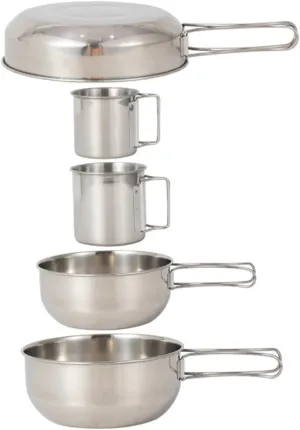 Mikikit 5pc Stainless Steel Pot Cup Set Collapsible Camping Cookware Portable Picnic Tool Fishing Cutlery