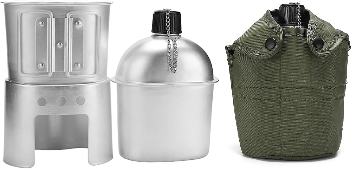 Military Canteen Set of 4, Stainless Steel Military Canteen and Cup Set, Canteen Cup Stove Pouch Kit, Portable Canteen Military for Outdoor Camping Survival Hiking Backpacking