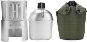 Military Canteen Set of 4, Stainless Steel Military Canteen and Cup Set, Canteen Cup Stove Pouch Kit, Portable Canteen Military for Outdoor Camping Survival Hiking Backpacking