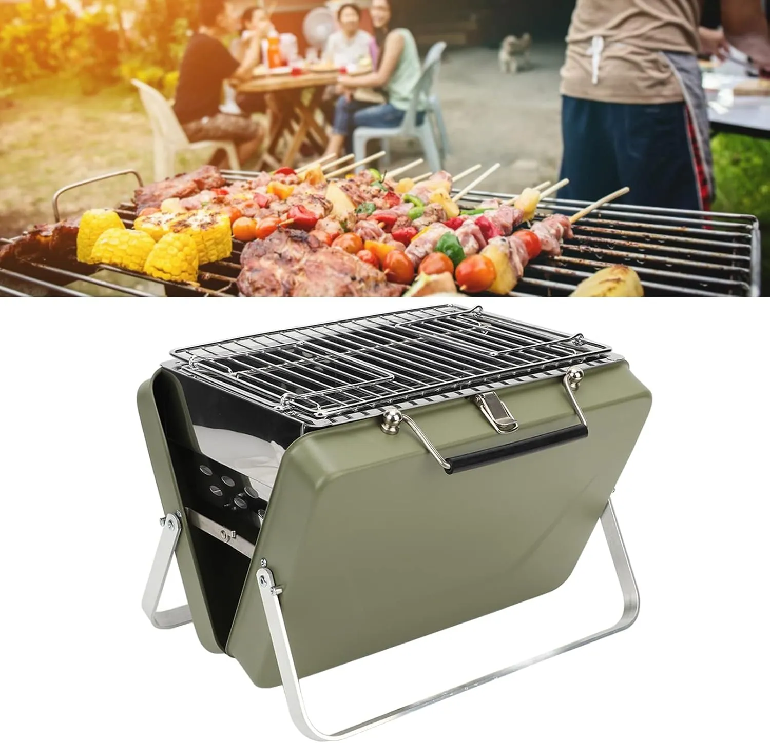 Mini Portable Charcoal Grill Easy Installation 410 Stainless Steel NonStick Corrugated Grill High Temperature Resistant Portable Camping Charcoal Grill (Green)
