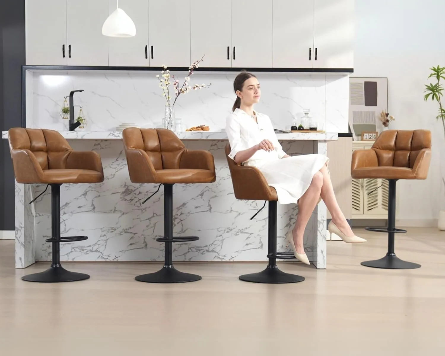 Modern PU Leather Counter Height Bar Stools Set of 2, Barrel Swivel Counter Stools with Backs and Arms Upholstered Bar Height Chairs with Metal Base, Adjustable Barstools for Kitchen Island, Brown