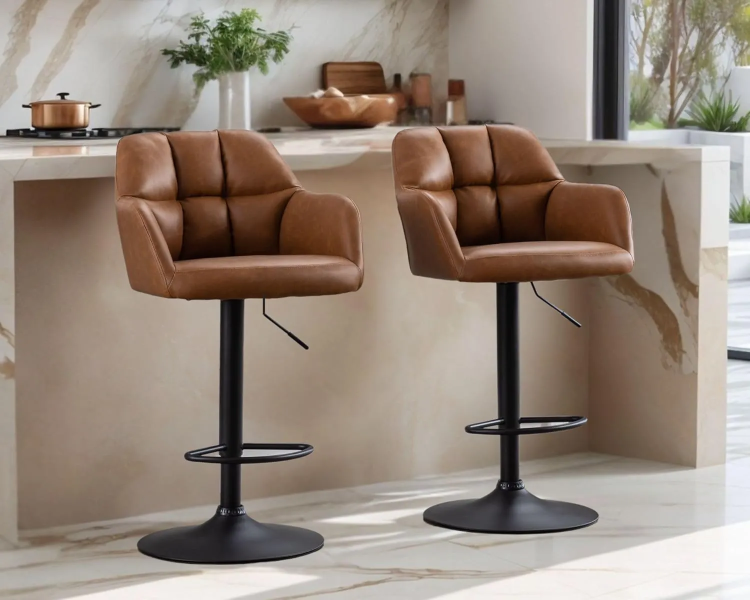 Modern PU Leather Counter Height Bar Stools Set of 2, Barrel Swivel Counter Stools with Backs and Arms Upholstered Bar Height Chairs with Metal Base, Adjustable Barstools for Kitchen Island, Brown