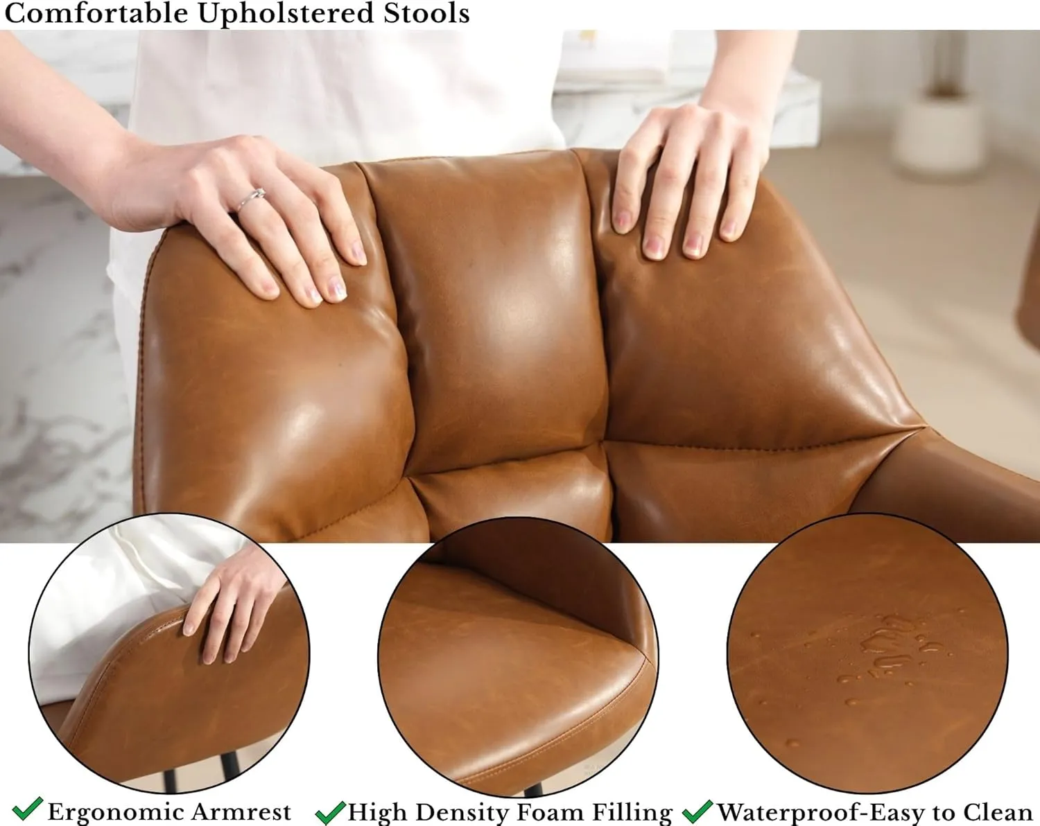 Modern PU Leather Counter Height Bar Stools Set of 2, Barrel Swivel Counter Stools with Backs and Arms Upholstered Bar Height Chairs with Metal Base, Adjustable Barstools for Kitchen Island, Brown