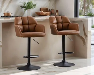 Modern PU Leather Counter Height Bar Stools Set of 2, Barrel Swivel Counter Stools with Backs and Arms Upholstered Bar Height Chairs with Metal Base, Adjustable Barstools for Kitchen Island, Brown