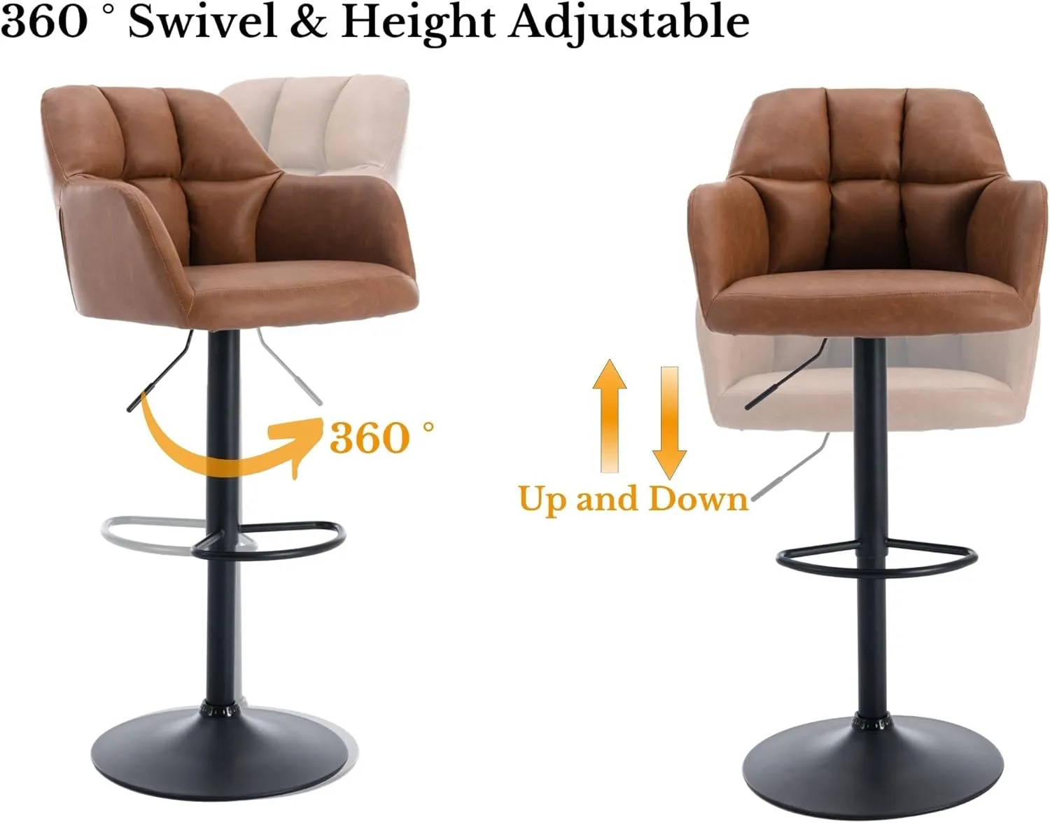 Modern PU Leather Counter Height Bar Stools Set of 2, Barrel Swivel Counter Stools with Backs and Arms Upholstered Bar Height Chairs with Metal Base, Adjustable Barstools for Kitchen Island, Brown