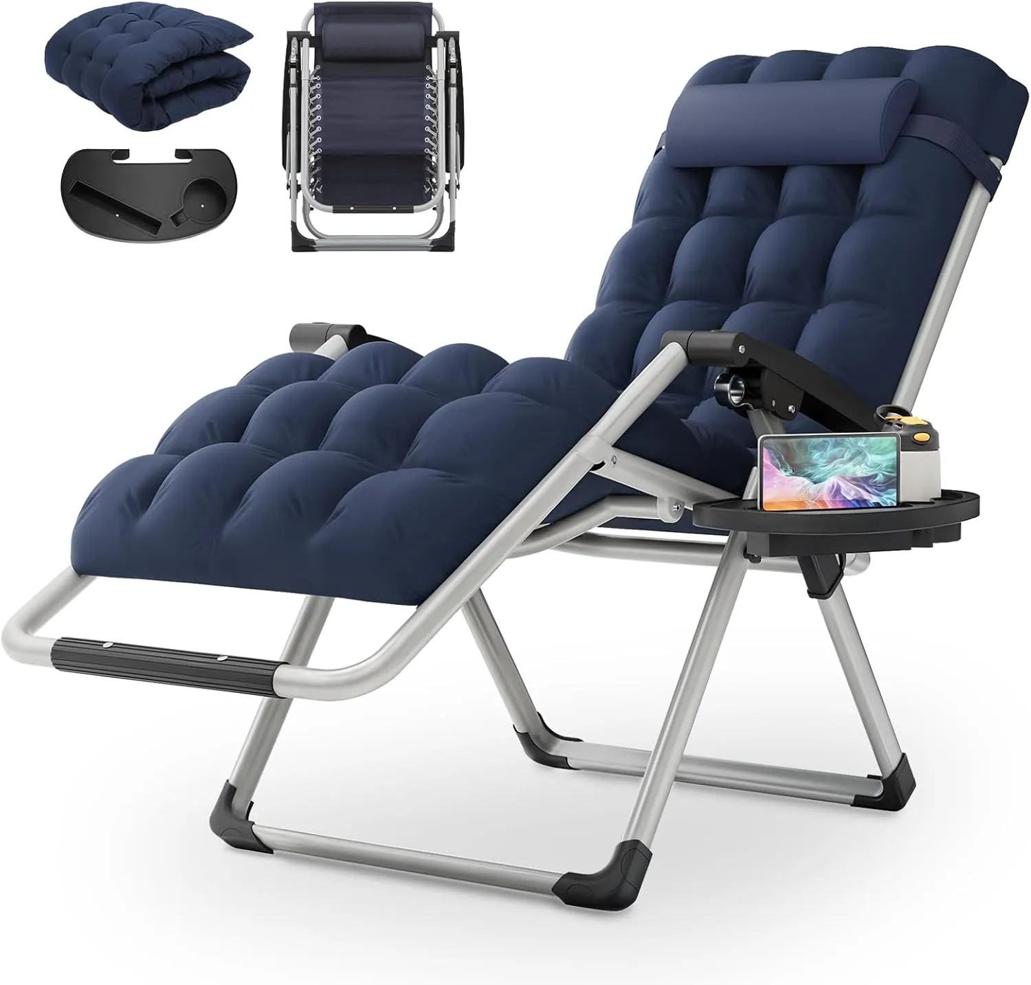 MoNiBloom Stable Folding Chair Outdoor Lounge Chair Beach Pool Lawn Recliner Sunbathing Chair, with Detachable Soft Cushion, Pillow and Side Tray, 330lbs Capacity Blue