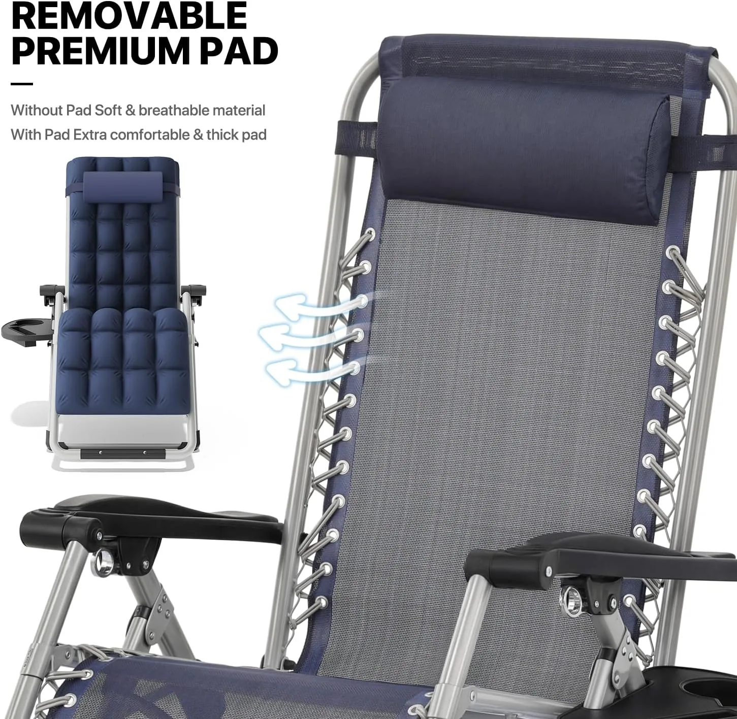 MoNiBloom Stable Folding Chair Outdoor Lounge Chair Beach Pool Lawn Recliner Sunbathing Chair, with Detachable Soft Cushion, Pillow and Side Tray, 330lbs Capacity Blue