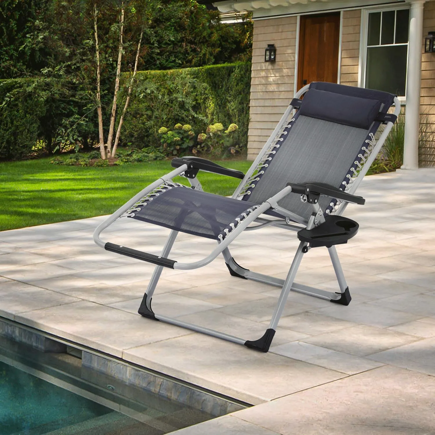 MoNiBloom Stable Folding Chair Outdoor Lounge Chair Beach Pool Lawn Recliner Sunbathing Chair, with Detachable Soft Cushion, Pillow and Side Tray, 330lbs Capacity Blue