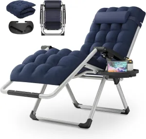 MoNiBloom Stable Folding Chair Outdoor Lounge Chair Beach Pool Lawn Recliner Sunbathing Chair, with Detachable Soft Cushion, Pillow and Side Tray, 330lbs Capacity Blue