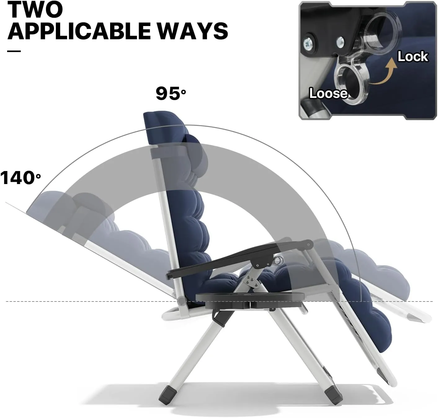 MoNiBloom Stable Folding Chair Outdoor Lounge Chair Beach Pool Lawn Recliner Sunbathing Chair, with Detachable Soft Cushion, Pillow and Side Tray, 330lbs Capacity Blue