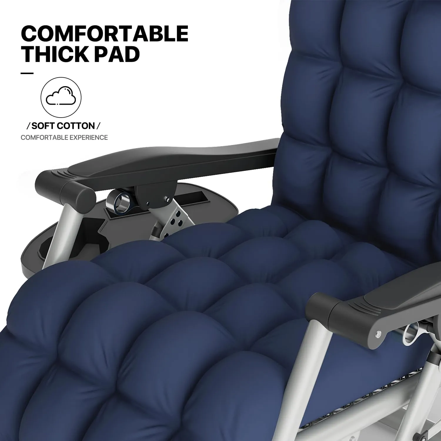 MoNiBloom Stable Folding Chair Outdoor Lounge Chair Beach Pool Lawn Recliner Sunbathing Chair, with Detachable Soft Cushion, Pillow and Side Tray, 330lbs Capacity Blue