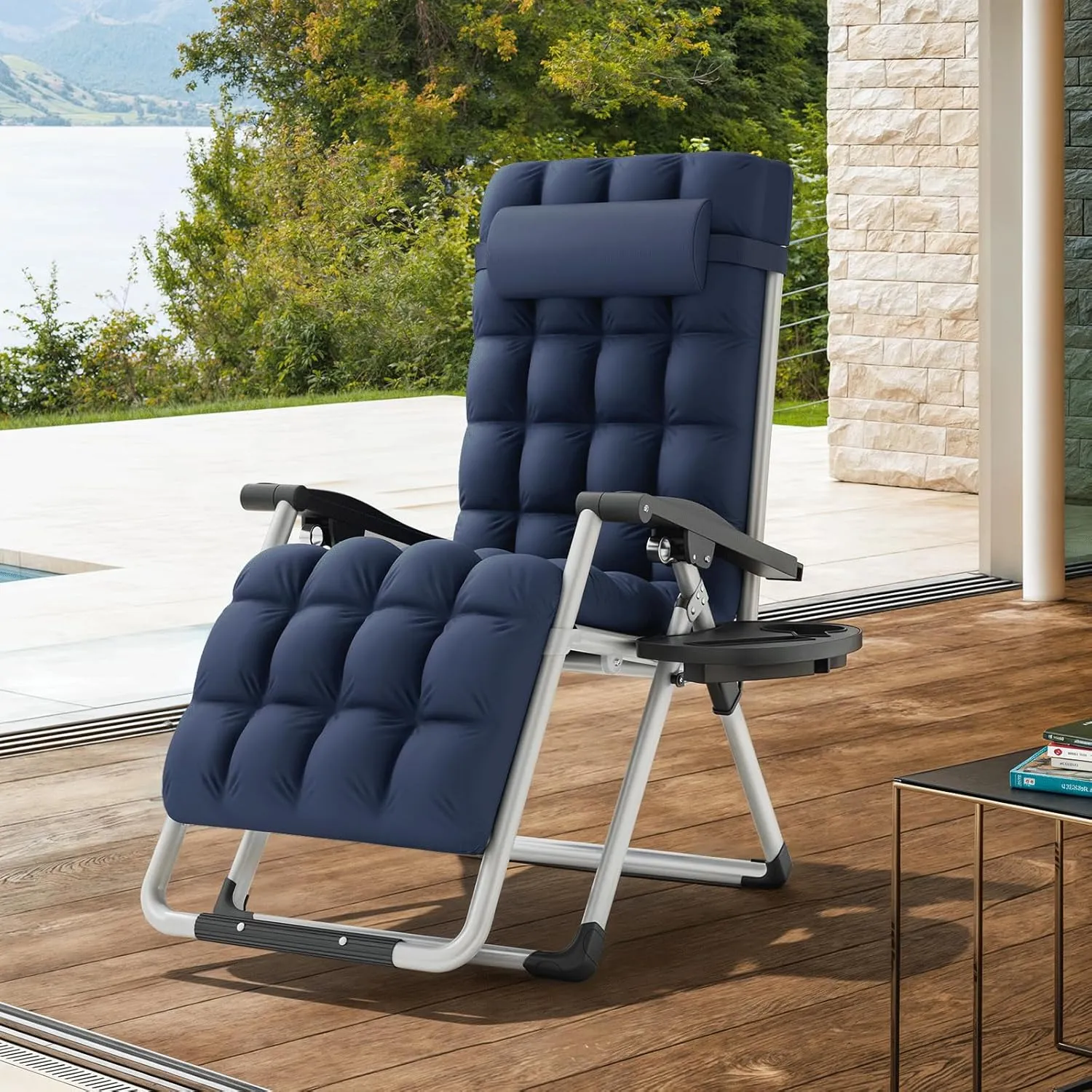 MoNiBloom Stable Folding Chair Outdoor Lounge Chair Beach Pool Lawn Recliner Sunbathing Chair, with Detachable Soft Cushion, Pillow and Side Tray, 330lbs Capacity Blue
