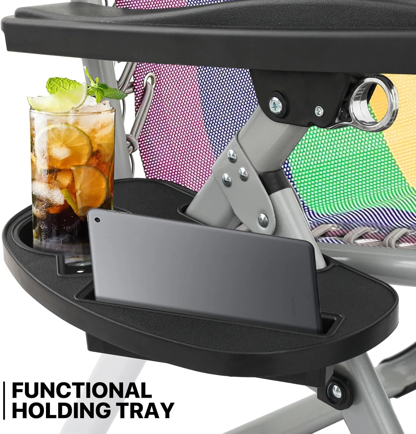 MoNiBloom Zero Gravity Lounge Chair with Cushion, Padded Patio Anti Gravity Recliner, Foldable Outdoor Lounger with Cup Holder Tray, Headrest and Footrest for Beach Camping, Rainbow