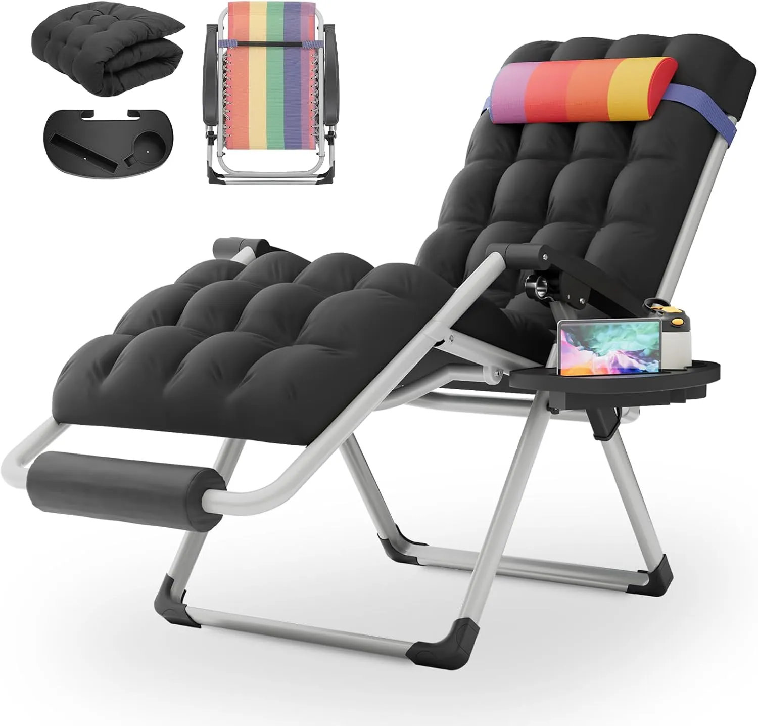 MoNiBloom Zero Gravity Lounge Chair with Cushion, Padded Patio Anti Gravity Recliner, Foldable Outdoor Lounger with Cup Holder Tray, Headrest and Footrest for Beach Camping, Rainbow