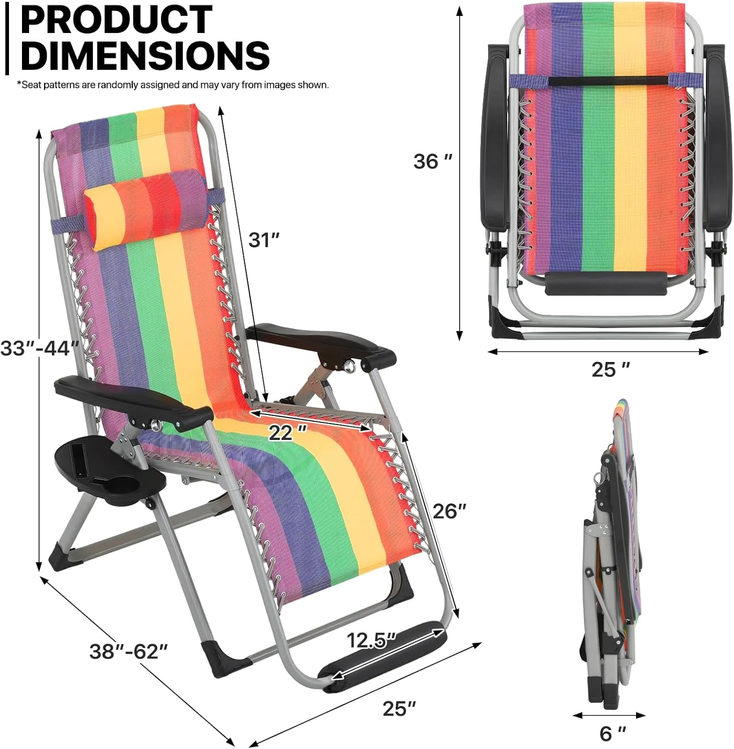 MoNiBloom Zero Gravity Lounge Chair with Cushion, Padded Patio Anti Gravity Recliner, Foldable Outdoor Lounger with Cup Holder Tray, Headrest and Footrest for Beach Camping, Rainbow