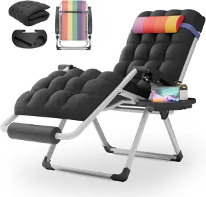 MoNiBloom Zero Gravity Lounge Chair with Cushion, Padded Patio Anti Gravity Recliner, Foldable Outdoor Lounger with Cup Holder Tray, Headrest and Footrest for Beach Camping, Rainbow