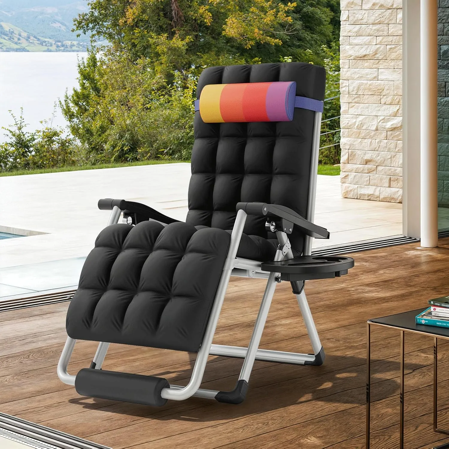 MoNiBloom Zero Gravity Lounge Chair with Cushion, Padded Patio Anti Gravity Recliner, Foldable Outdoor Lounger with Cup Holder Tray, Headrest and Footrest for Beach Camping, Rainbow