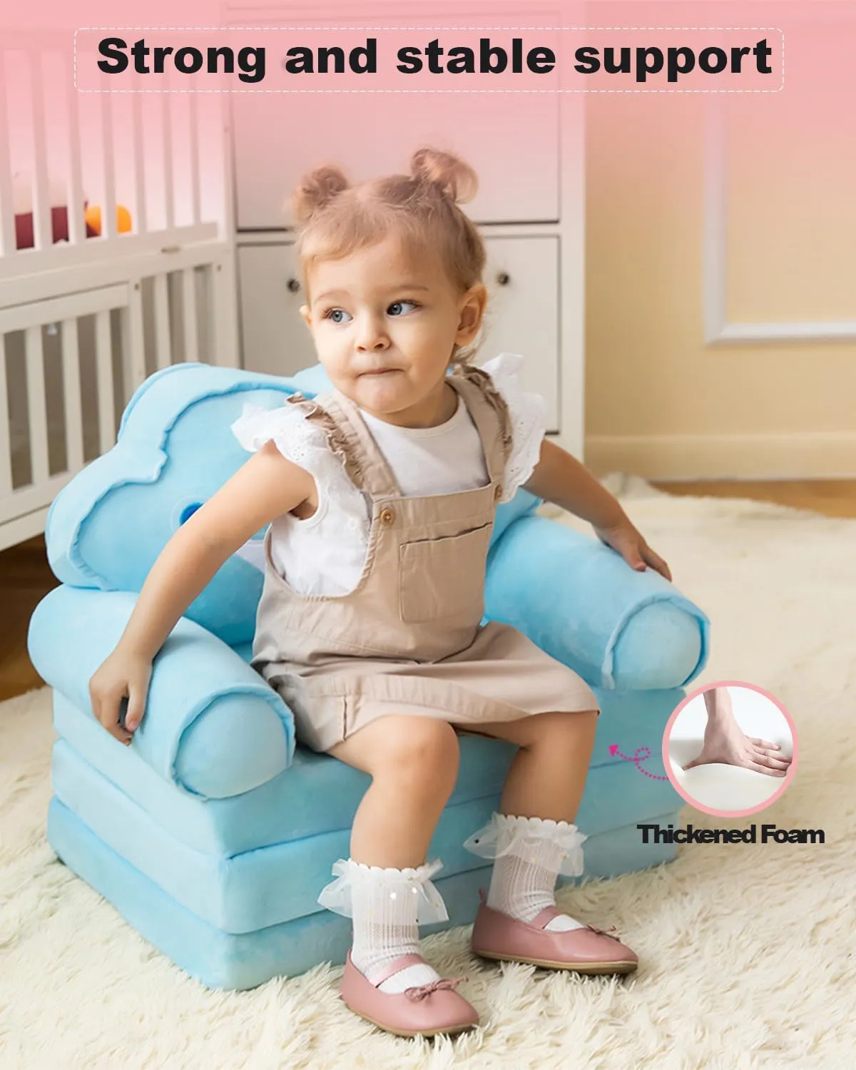 MOONBEEKI Kids Couch Fold Out, Foldable Princess Chair for Toddlers 1-3, Sofa Bed for Kids Folding Toddler Bed Lounger Chair for Bedroom （Blue）