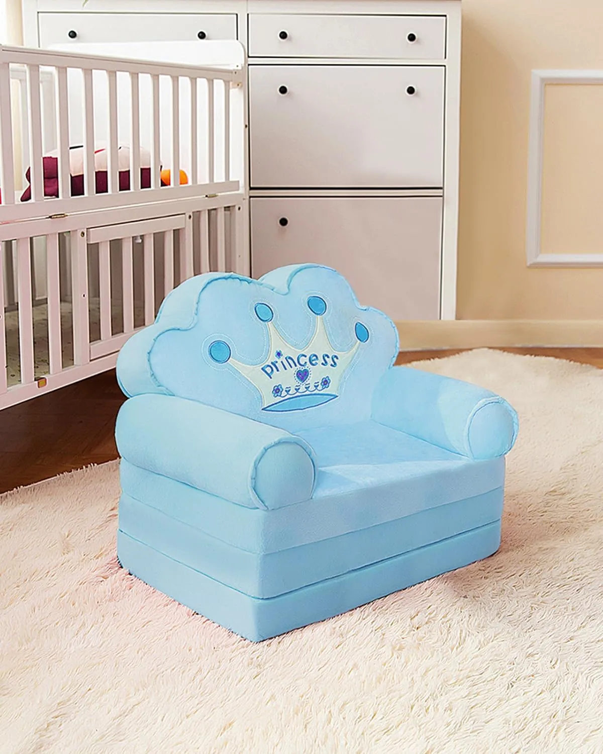 MOONBEEKI Kids Couch Fold Out, Foldable Princess Chair for Toddlers 1-3, Sofa Bed for Kids Folding Toddler Bed Lounger Chair for Bedroom （Blue）