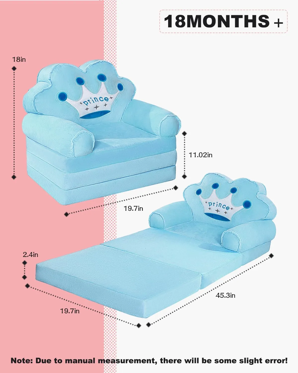 MOONBEEKI Kids Couch Fold Out, Foldable Princess Chair for Toddlers 1-3, Sofa Bed for Kids Folding Toddler Bed Lounger Chair for Bedroom （Blue）