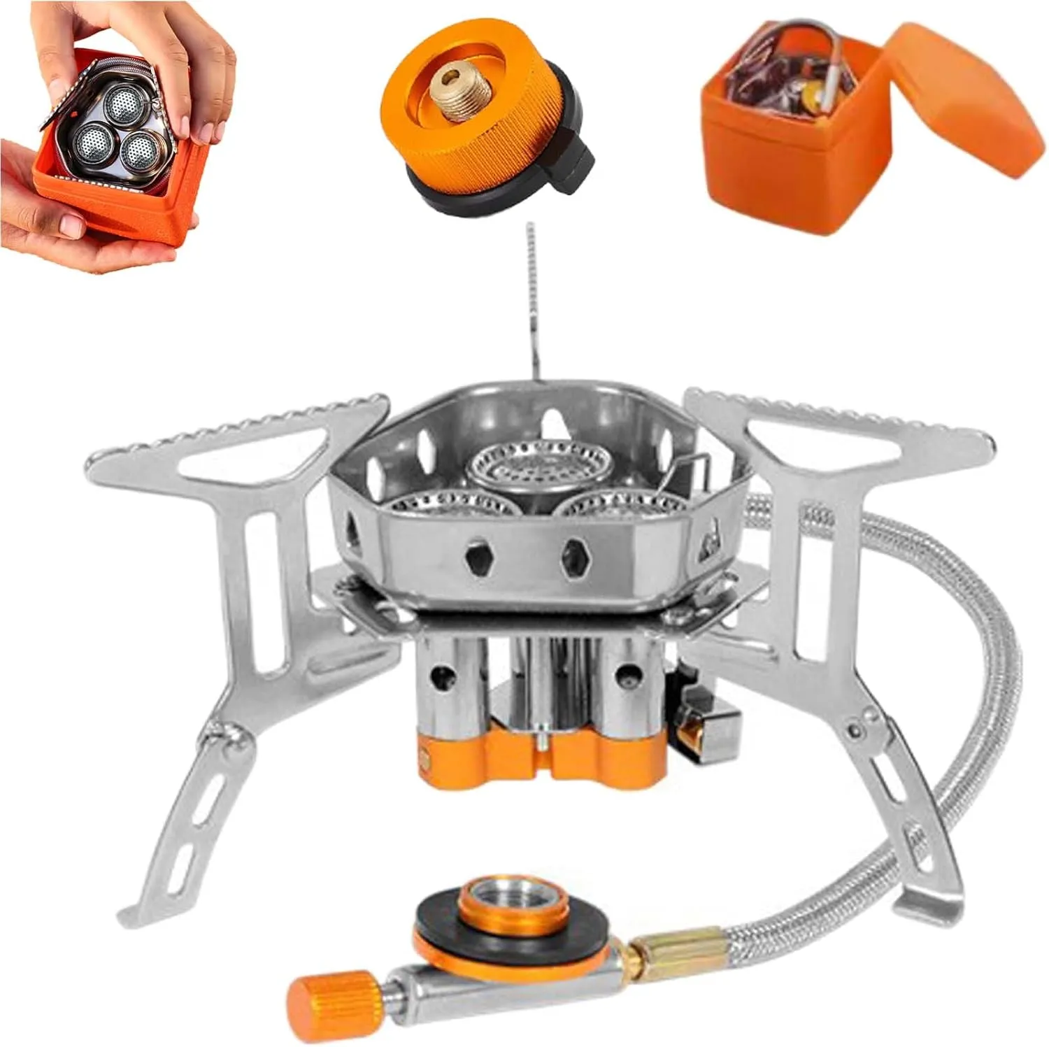Moose Rocket Stove, 6800W Outdoor Portable Double-Layer Windproof Three-Burner Stove Foldable, Equipped with Storage Box and Conversion Connector for Mountaineering and Camping Equipment (Sliver)