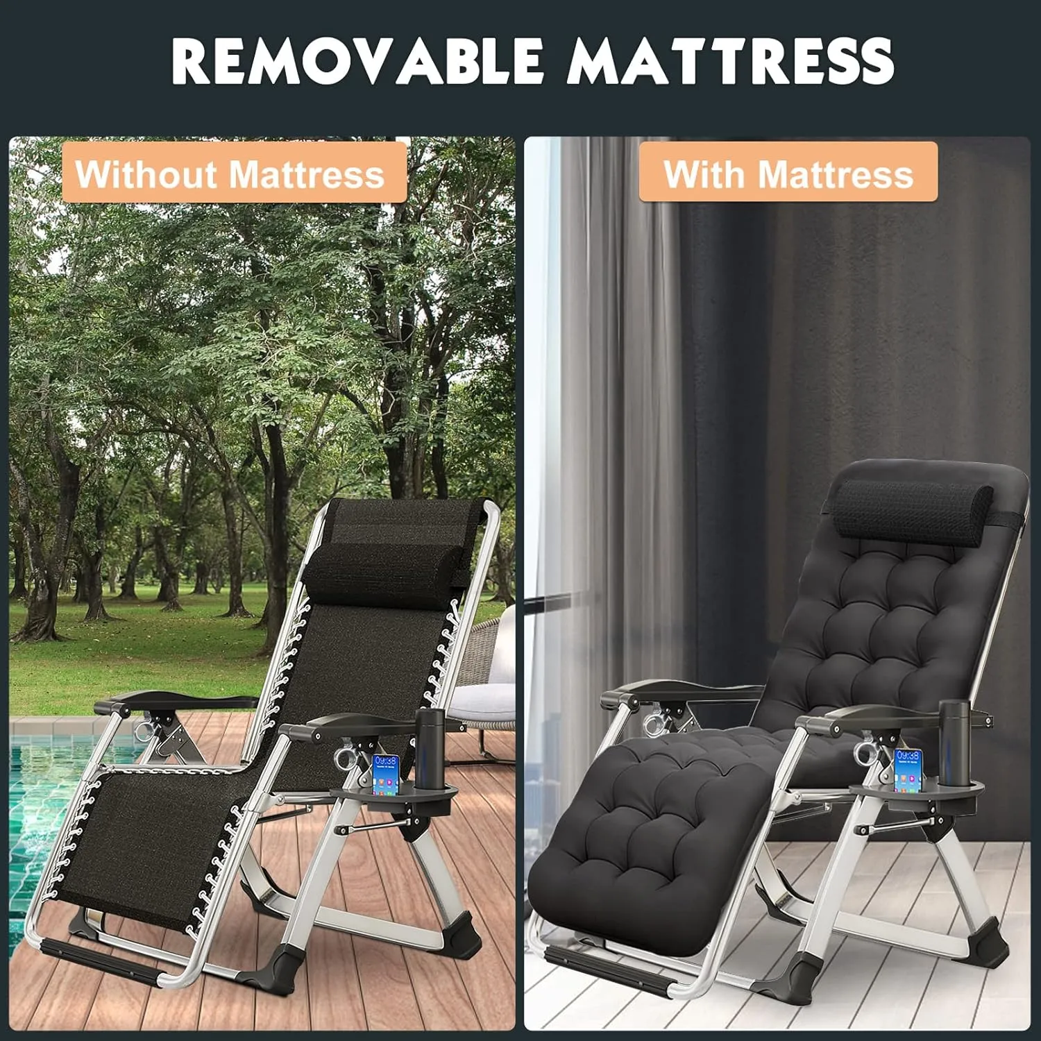 MOPHOTO Zero Gravity Chair, Outdoor Padded Lounge Chair with Side Table, Zero Gravity Recliner Chair, Outdoor Reclining Chair, Sturdy & Comfortable, Supports up to 440lbs