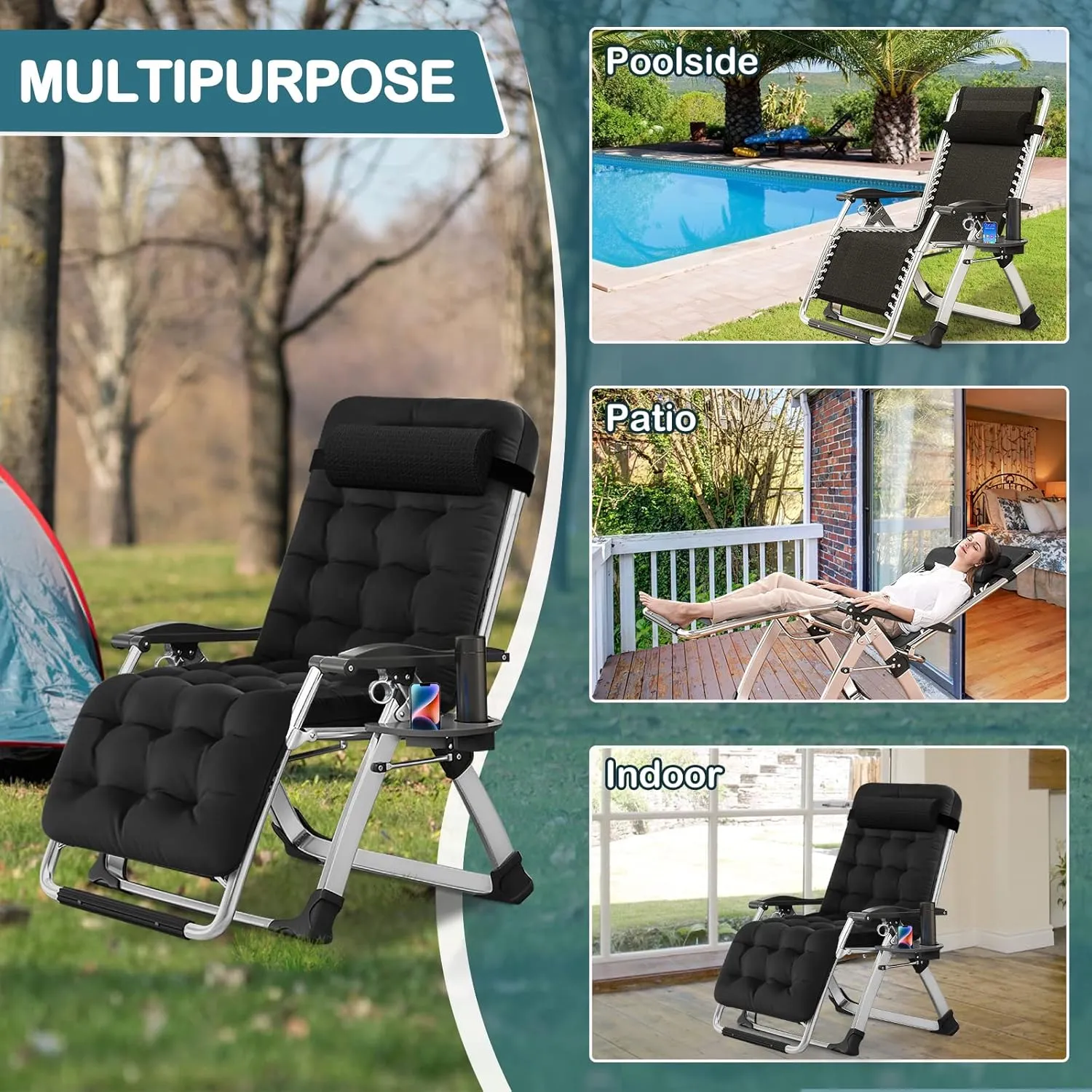 NAIZEA Lounge Chair Padded Zero Gravity Chair Folding Adjustable Reclining Patio Chairs with Cup Holder, Ergonomic Patio Recliner Chairs for Kids and Adult for Indoor Outdoor