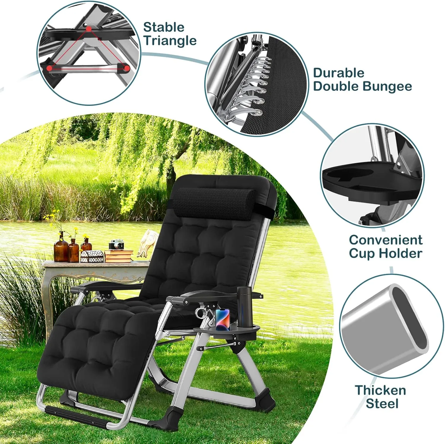 NAIZEA Lounge Chair Padded Zero Gravity Chair Folding Adjustable Reclining Patio Chairs with Cup Holder, Ergonomic Patio Recliner Chairs for Kids and Adult for Indoor Outdoor