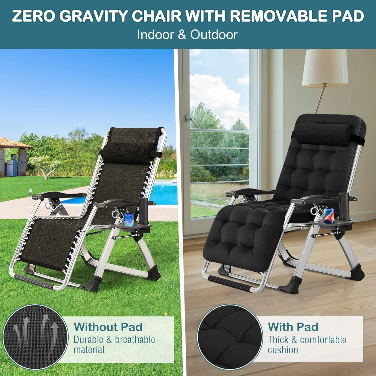NAIZEA Lounge Chair Padded Zero Gravity Chair Folding Adjustable Reclining Patio Chairs with Cup Holder, Ergonomic Patio Recliner Chairs for Kids and Adult for Indoor Outdoor