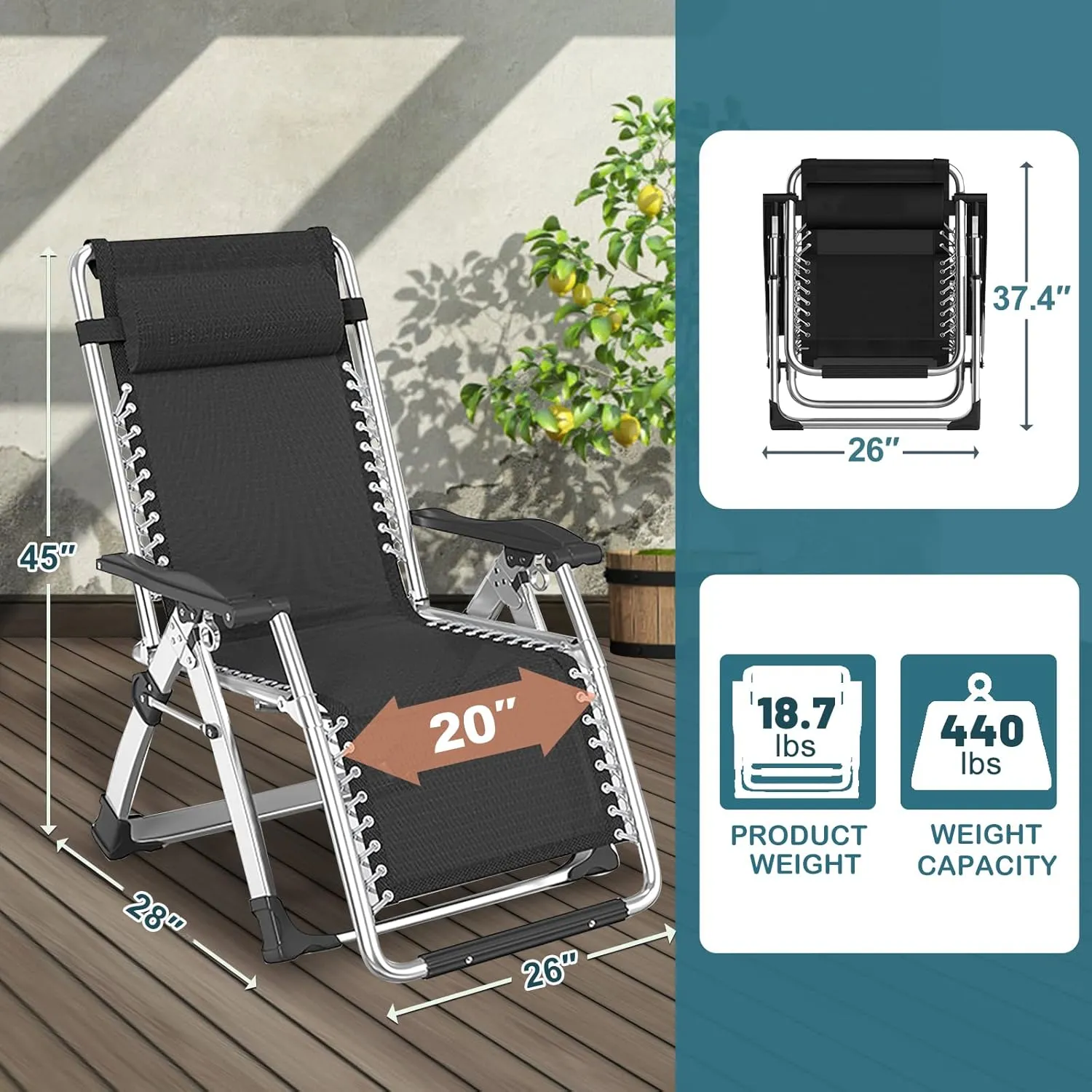 NAIZEA Lounge Chair Padded Zero Gravity Chair Folding Adjustable Reclining Patio Chairs with Cup Holder, Ergonomic Patio Recliner Chairs for Kids and Adult for Indoor Outdoor